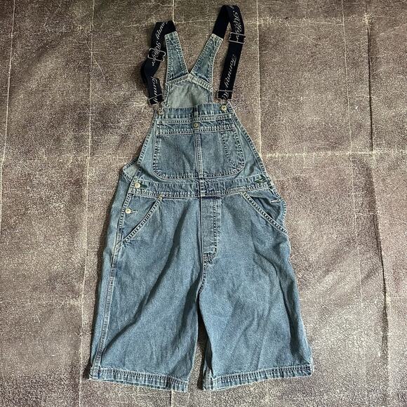 Women's Vintage 90's Tommy Hilfiger Aaliyah Logo Denim Bib Overalls Shorts Sz M